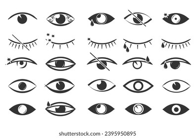 Imágenes de ojos abiertos y cerrados, formas oculares durmientes con pestañas, supervisión vectorial y signos de búsqueda. Símbolo de visión. Colección simple de ojos. Conjunto de iconos lineales de vista y vector de ojos. Icono de visualización