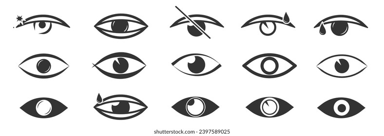 Imágenes de ojos abiertos y cerrados, formas oculares durmientes con pestañas, supervisión vectorial y signos de búsqueda. Símbolo de visión. Colección simple de ojos. Conjunto de iconos lineales de vista y vector de ojos. Icono de visualización