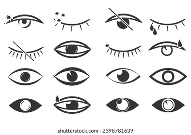 Imágenes de ojos abiertos y cerrados, formas oculares durmientes con pestañas, supervisión vectorial y signos de búsqueda. Símbolo de visión. Colección simple de ojos. Conjunto de iconos lineales de vista y vector de ojos. Icono de visualización