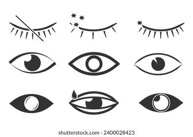 Imágenes de ojos abiertos y cerrados, formas oculares durmientes con pestañas, supervisión vectorial y signos de búsqueda. Símbolo de visión. Colección simple de ojos. Conjunto de iconos lineales de vista y vector de ojos. Icono de visualización