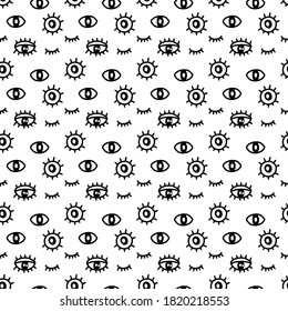 Open closed eyes with lashes hand drawn seamless pattern in cartoon doodle style black white