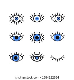 Open and closed eyes line icons set on white background. Look, see, sight, view sign and symbol. Vector linear graphic element. Optical and search theme in minimal design style. Eye with eyelashes.