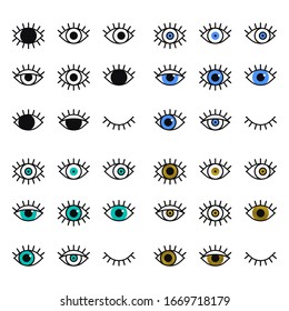 Open and closed eyes line icons set on white background. Look, see, sight, view sign and symbol. Vector linear graphic element. Optical and search theme in minimal design style. Eye with eyelashes.