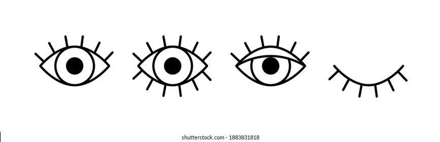 Open and closed eyes line icons set on white background. Vector