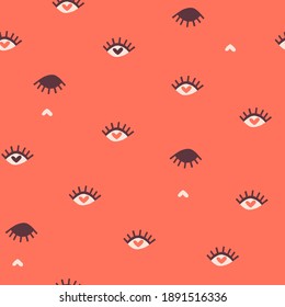 Open and closed eyes seamless vector pattern Simple minimalistic abstract face modern background. Love heart Valentines Day design