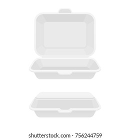 Open and closed fast food takeout container. White styrofoam lunch box for takeaway food. Isolated vector illustration.