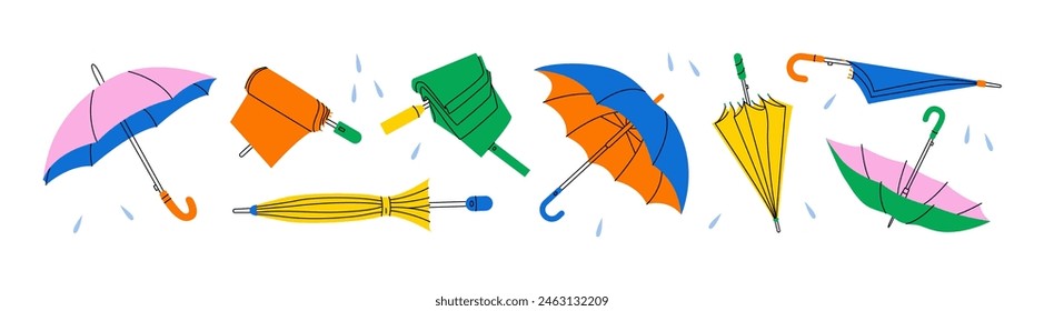 Open, closed and folded umbrellas. Cartoon rainy weather protection accessory, various types of textile stick sunshade flat doodle style. Vector set.