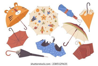Open, closed and folded umbrellas rain protection accessories isolated set on white background