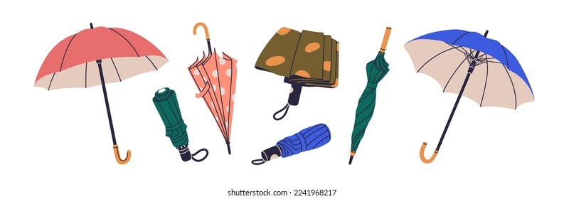 Open, closed and folded umbrellas set. Rain protection parasols for rainy weather. Protecting accessories with handles of different design, type. Flat vector illustrations isolated on white background