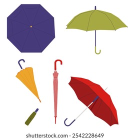 Open, closed and folded umbrellas set. Rain protection parasols for rainy weather. Protecting accessories with handles of different design, type. Flat vector illustrations isolated on white background