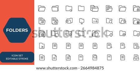 Open and closed folders icon set with documents, office data directory, file folder symbols, flat vector illustration for web design, app UI, document management system, archive, storage and more.