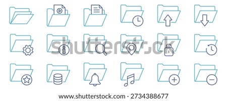 Open and closed folders icon set with documents, office data directory, file folder symbols, flat vector illustration for web design, app UI, document management system, archive, storage and more.