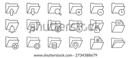 Open and closed folders icon set with documents, office data directory, file folder symbols, flat vector illustration for web design, app UI, document management system, archive, storage and more.