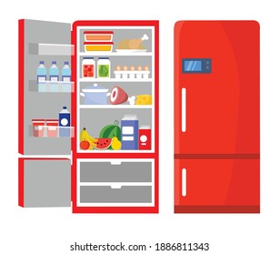 Frigorífico abierto y cerrado. Refrigerador vacío y con productos en el interior, agua y leche alimenticias saludables, frutas y verduras, carne, equipo eléctrico para la cocina. Ilustración del vector