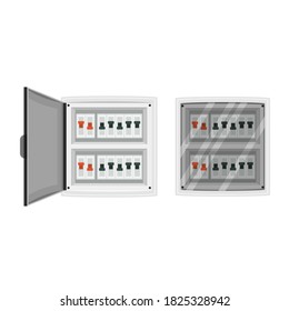 Open and closed fuse box. Power switch panel. Electrical equipment. Vector EPS10.