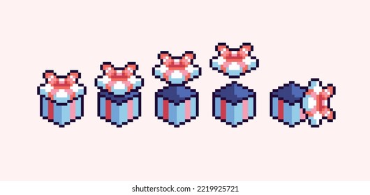 Open and closed gift pixel art set. Wrapped and unwrapped giftbox collection. Card package with red ribbon 8 bit sprite. Game development, mobile app.  Isolated vector illustration.