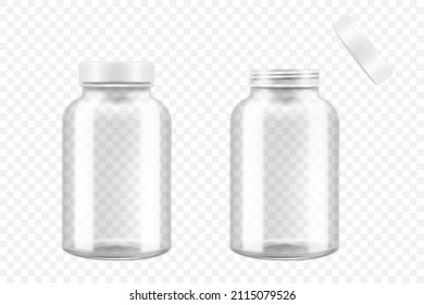 Open and closed glass medical pill bottle, 3d realistic vector illustration. Mock Up Template set of drugs for pills, capsules, medicines isolated on white background