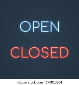 Open And Closed Glowing Neon Sign. Vector Illustration.