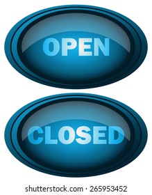Open and Closed Glowing Rounded Signs, Vector Illustration isolated on White Background. 