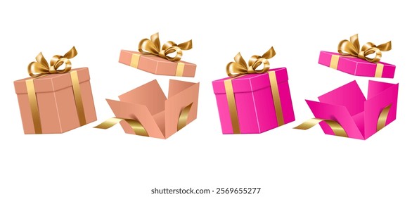 open and closed gold ribbons bows gift boxes isolated on the white background. pink and light brown gift boxes vector illustration.