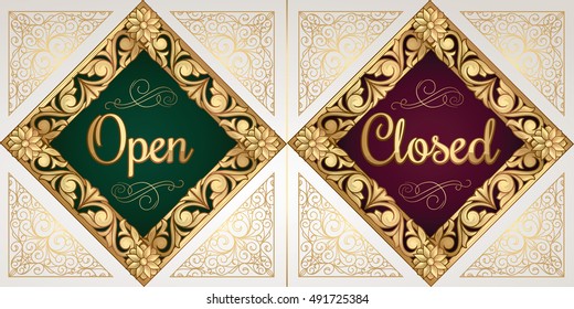 Open and closed golden vintage decorative signs