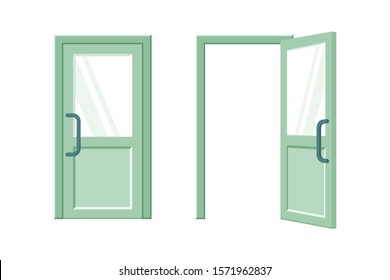 Open and closed green door flat vector illustration. Room, office entrance. Contemporary plastic door with glass inserts. Exterior design element. Modern doorway isolated on white background