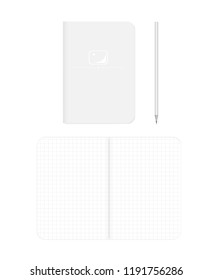 Open and closed grid lined soft cover notebook, realistic vector mockup. B7 squared paper notepad with pencil, mock up. Paperback pocket sized note book, template