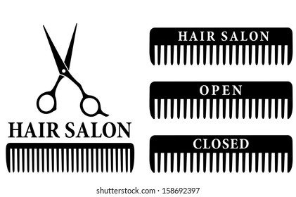 open and closed hair salon sign with black professional scissors and comb