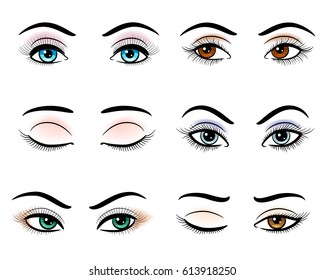 Open and closed hand drawn woman eyes. Closeup outline makeup eye set vector illustration