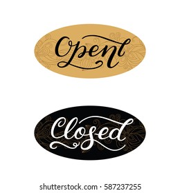 Open, closed. Handwritten words on floral background.