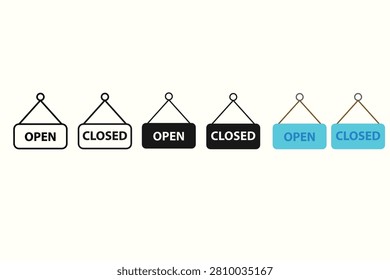 Open and closed hanging door sign icon set