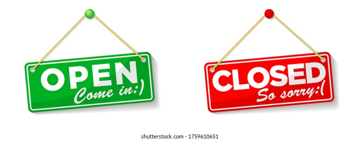 open and closed hanging door signs isolated on white background. Illustration, vector