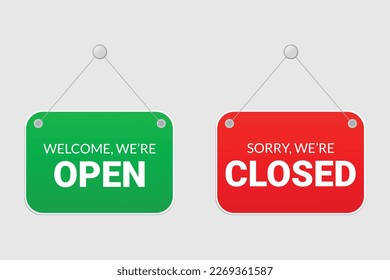 Open and Closed hanging door signs isolated on white background.