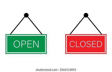 Open and closed hanging icon. Green open and red closed shop, school and store hanging symbol isolated on white background. Vector illustration. EPS 10	