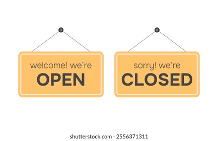 Open and closed hanging signboard. Information signage for business or service. Vector illustration