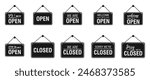 open and closed hanging signboards on the door. sign for cafe, restaurant, bar or retail store. Vector illustration isolated on white background.