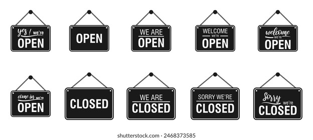 open and closed hanging signboards on the door. sign for cafe, restaurant, bar or retail store. Vector illustration isolated on white background.