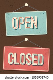 Open and Closed Hanging Signs isolated on a brown background.  Vector illustration.