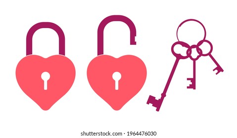 Open and closed heart-shaped lock. Bunch of vintage keys. Flat style vector illustration isolated on white background.