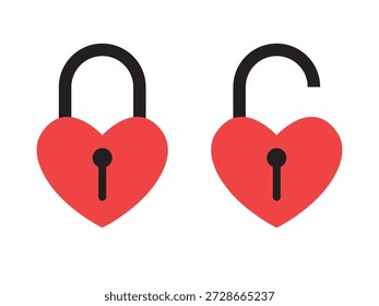 Candados abiertos y cerrados en forma de corazón. Ilustración vectorial plana aislada en un fondo blanco