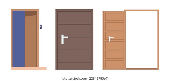 Open and Closed Home Doors Isolated on White Background. House Entrance, Facade or Interior Decorative Elements