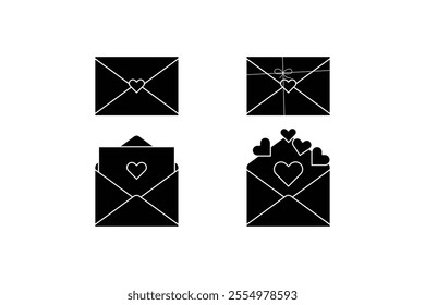 Open and closed letter envelope icon,love letter with heart. Romantic silhouette style design elements