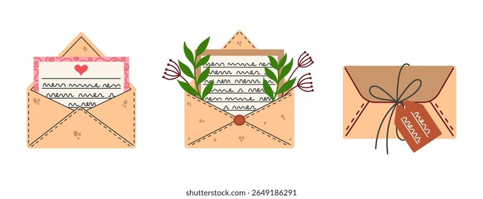 Letras abertas e fechadas, conjunto de vetores. Envelopes antigos com inscrições, folhas secas, flores, selo de cera, tag. Mensagem ligada com string, cartão postal. Clipart de correspondência postal. Isolado no branco