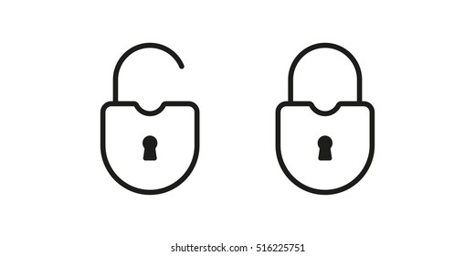 Open and closed lock icon isolated on background. Minimalistic open and closed lock. Vector icons for web and mobile applications, web sites and infographics. Thin line art