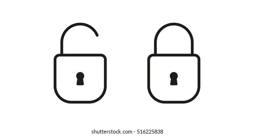 Open and closed lock icon isolated on background. Minimalistic open and closed lock. Vector icons for web and mobile applications, web sites and infographics. Thin line art