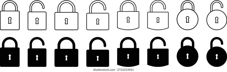 Iconos de bloqueo abierto y cerrado colección de múltiples estilos, cierre de candado, llave con icono de bloqueo, Ilustración vectorial de trazo editable.