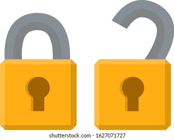 Open and closed lock. Keyhole. Metal object. Protection and security. The element doors. Block and unlock. Cartoon flat illustration