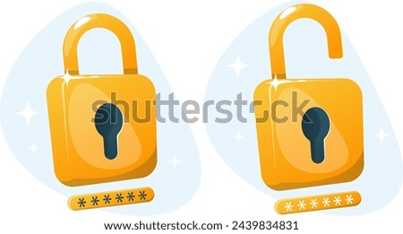 Open and closed lock with a password pad at the bottom, the concept of password protection of online data