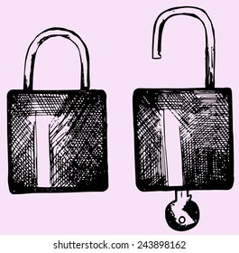 open and closed lock, set,  doodle style
