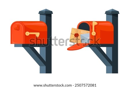 Open closed mailbox. Mail box communication, post service concept send envelope document message or paper letter postal delivery on address, postage cartoon vector illustration original artwork